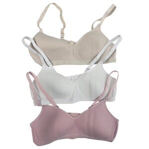 Pink Lover 36B Ribbed Cotton Wirefree T-Shirt Bra 3 Pack Beige White Pink
